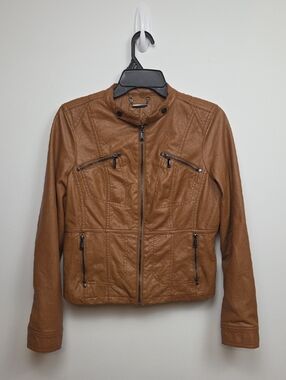 J2 Women's Cognac Brown Faux Leather Motorcycle Jacket Moto Biker Fall Winter L